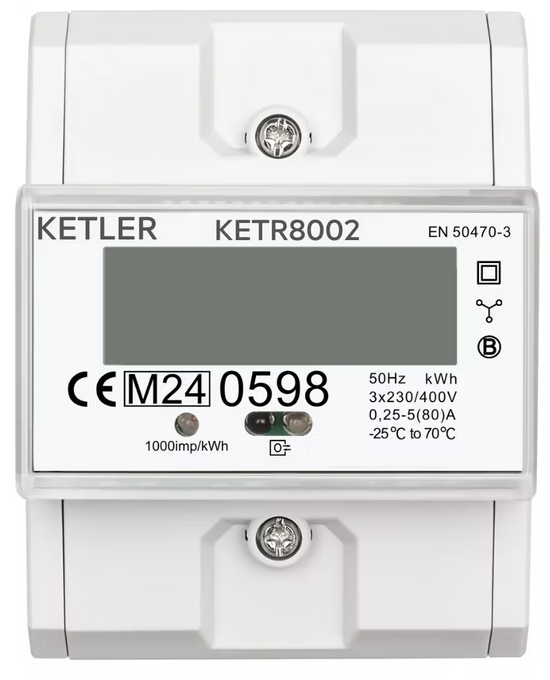 Compteur tétrapolaire 80A KETLER KETR8002 certifié MID pour facturation 3x230/400V rail DIN
